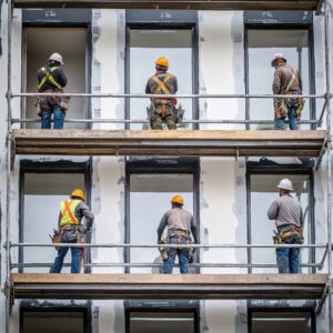equipo de trabajadores de la construccion que terminan el exterior del edificio